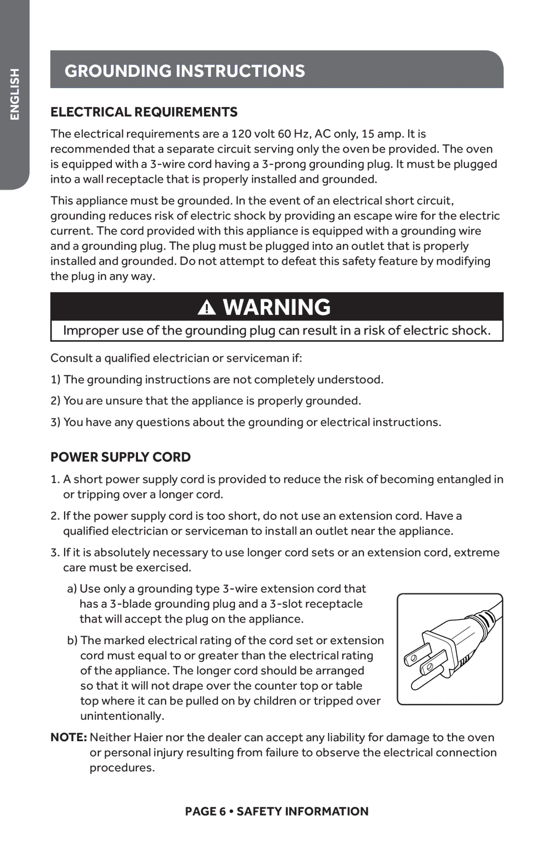 Haier HMC1120BEWW, HMC1120BEBB user manual Grounding Instructions, Electrical Requirements, Power Supply Cord 