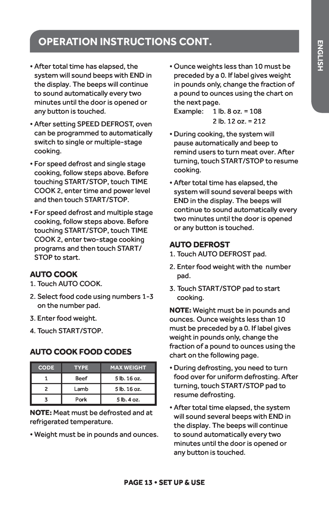 Haier HMC1120BEBB, HMC1120BEWW user manual Operation Instructions Cont, Auto Cook Food Codes, Auto Defrost 