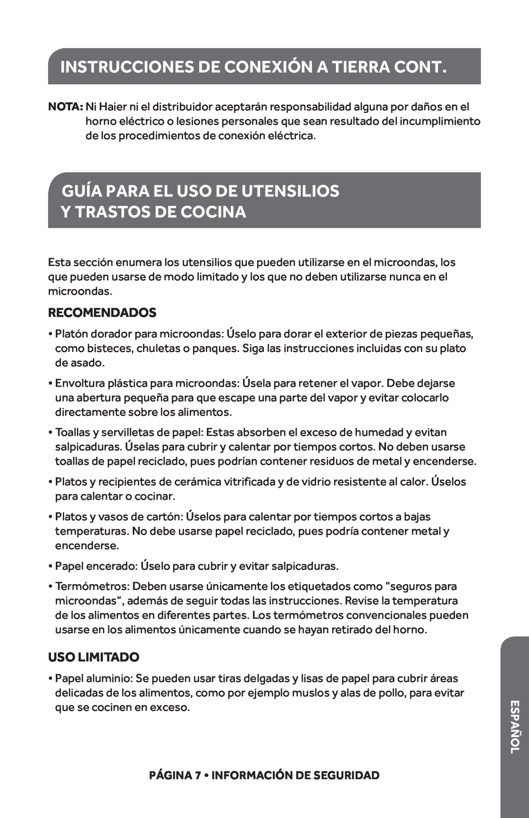 Haier HMC1120BEBB Instrucciones De Conexión A Tierra Cont, Guía Para El Uso De Utensilios Y Trastos De Cocina, Español 
