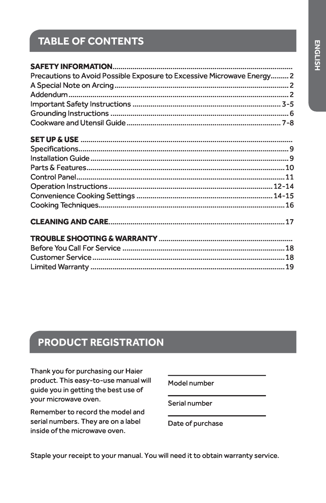 Haier HMC1120BEBB, HMC1120BEWW user manual Table Of Contents, Product Registration, 12-14, 14-15, English 