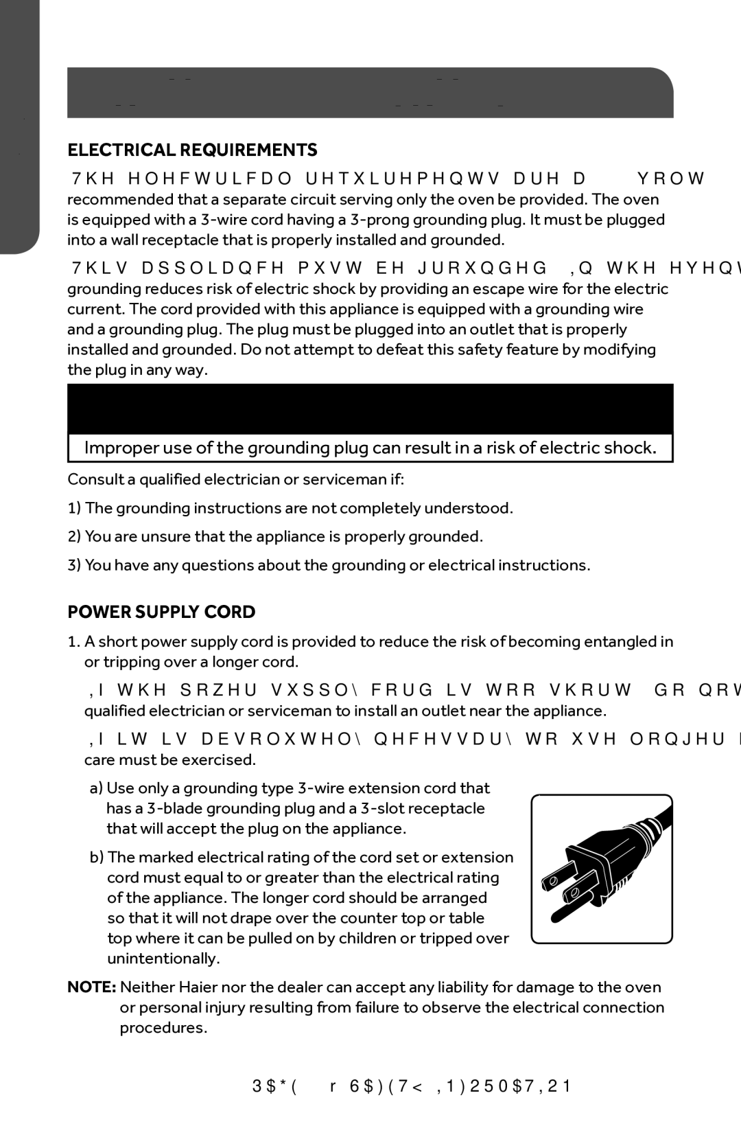 Haier HMC1285SESS user manual Electrical Requirements, Power Supply Cord 