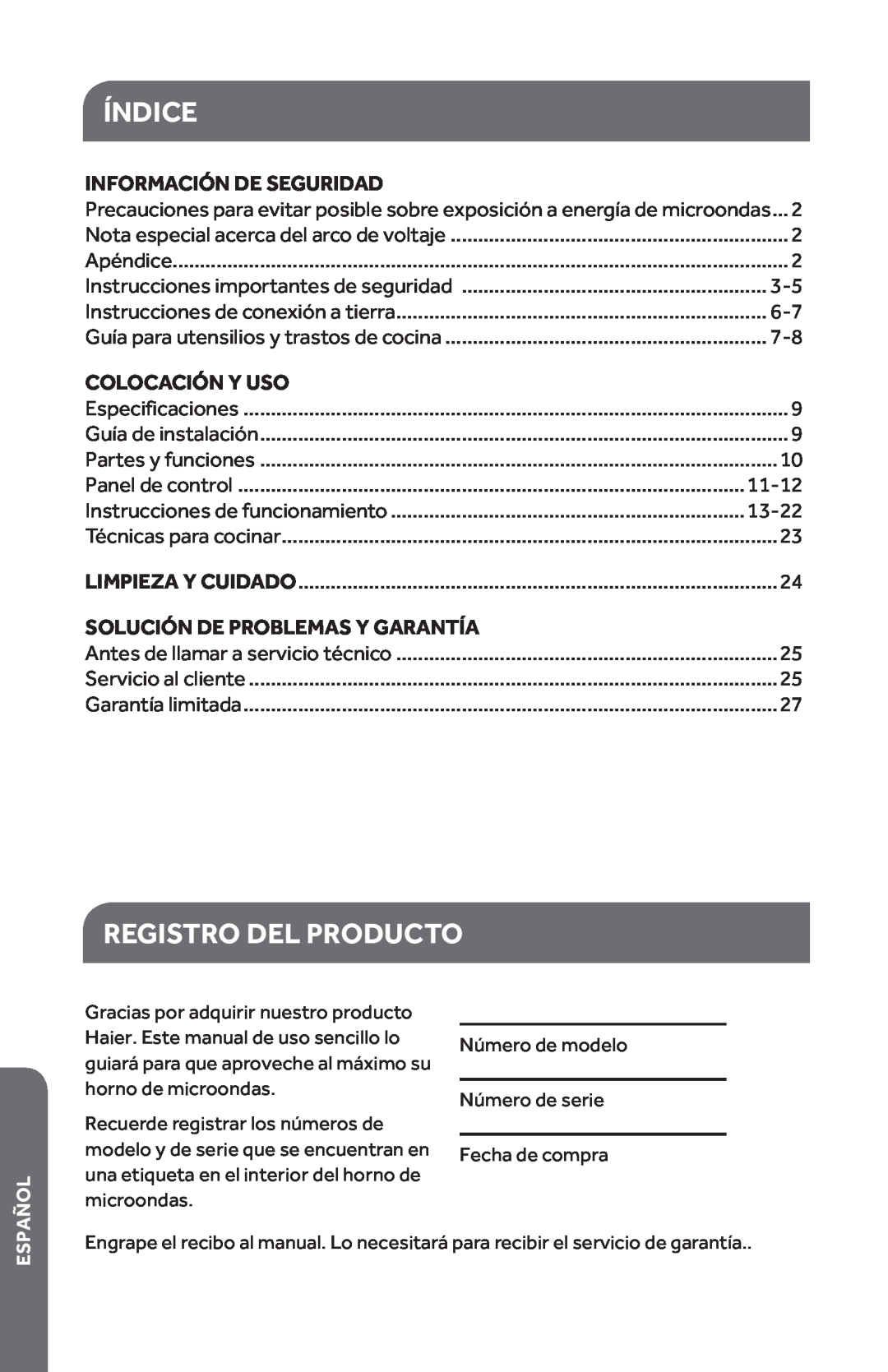 Haier HMC1285SESS Índice, Registro Del Producto, Información De Seguridad, Colocación Y Uso, 11-12, 13-22, Español 