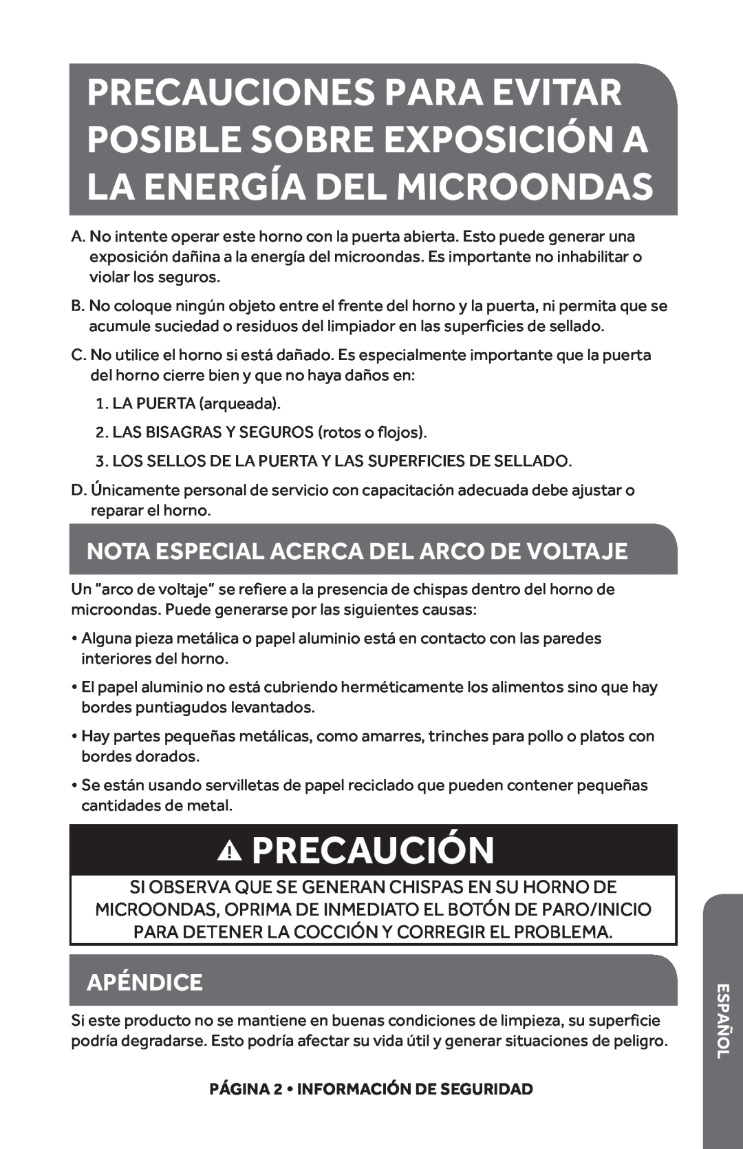 Haier HMC1285SESS user manual Precaución, Nota Especial Acerca Del Arco De Voltaje, Apéndice, Español 