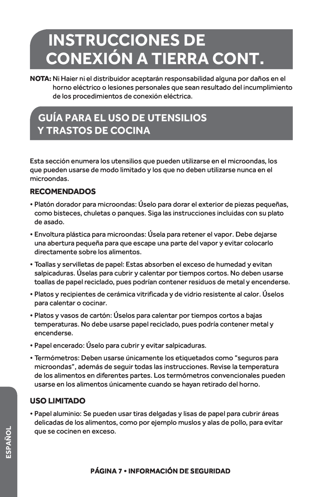 Haier HMC1285SESS Instrucciones De Conexión A Tierra Cont, Guía Para El Uso De Utensilios Y Trastos De Cocina, Español 