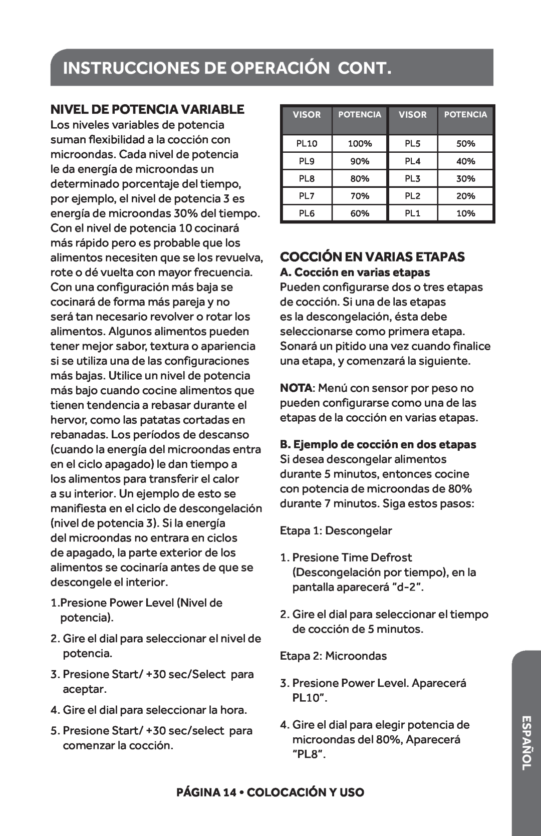 Haier HMC1285SESS Instrucciones De Operación Cont, Nivel De Potencia Variable, Cocción En Varias Etapas, Español 