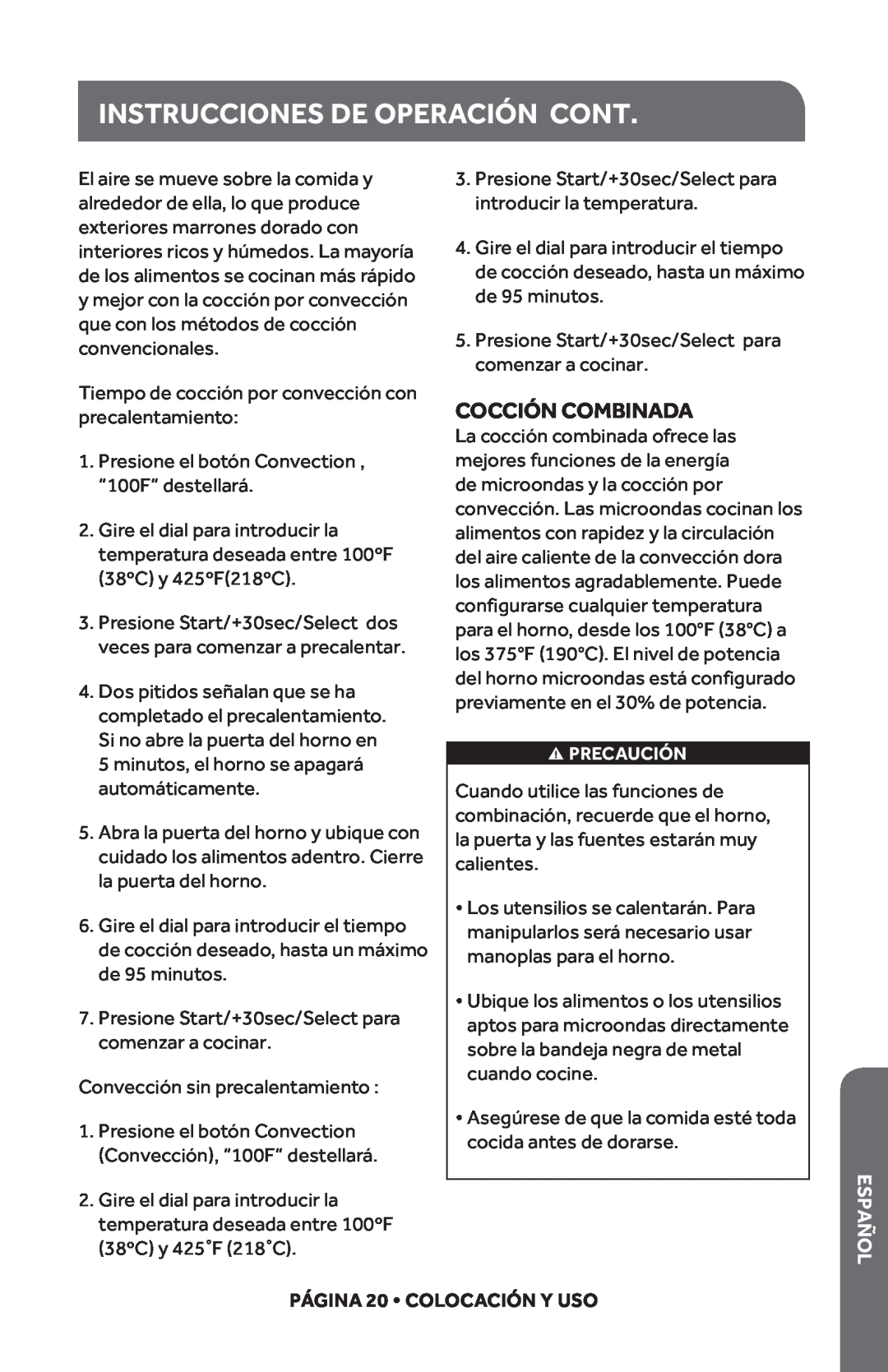 Haier HMC1285SESS user manual Instrucciones De Operación Cont, Cocción Combinada, Español, PÁGINA 20 COLOCACIÓN Y USO 