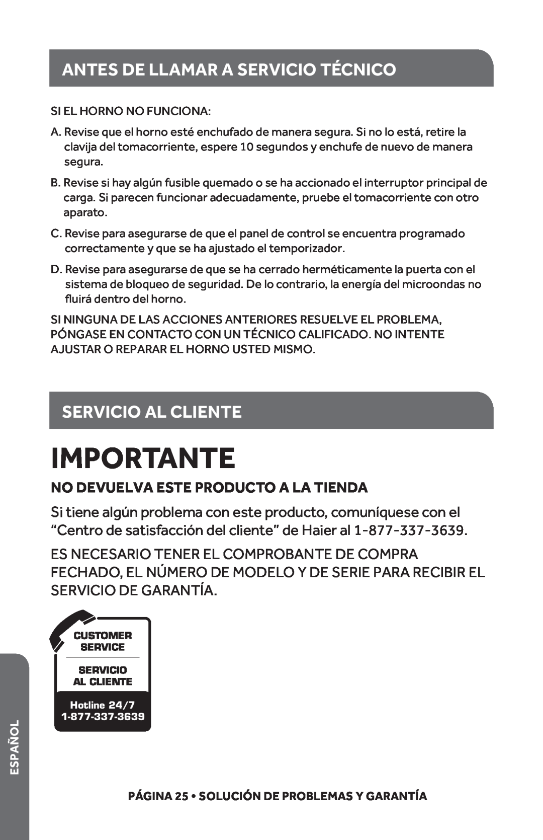 Haier HMC1285SESS user manual Importante, Antes De Llamar A Servicio Técnico, Servicio Al Cliente, Español 