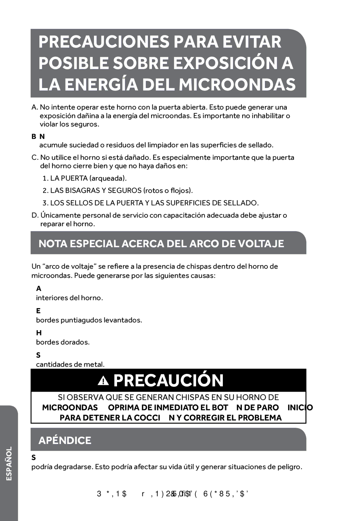 Haier HMC1640BEBB Nota Especial Acerca DEL Arco DE Voltaje, Apéndice, LOS Sellos DE LA Puerta Y LAS Superficies DE Sellado 