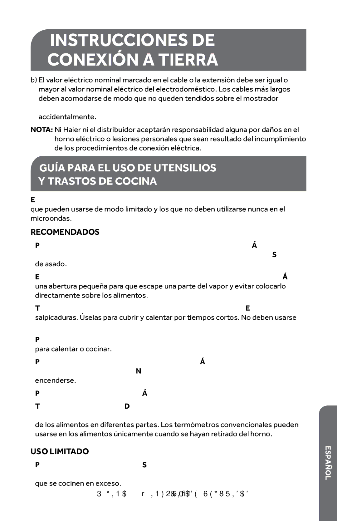 Haier HMC1640BEWW, HMC1640BEBB user manual Guía Para EL USO DE Utensilios Trastos DE Cocina, Recomendados, USO Limitado 