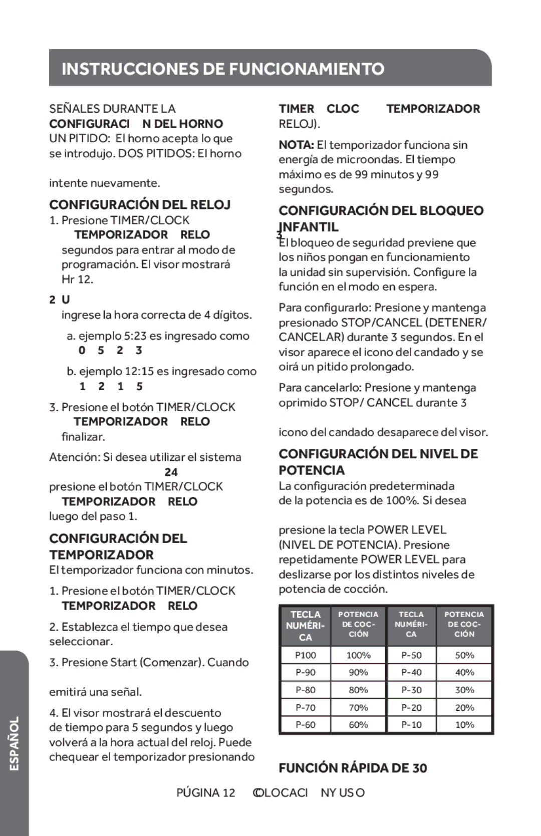 Haier HMC1685SESS user manual Instrucciones DE Funcionamiento, Configuración DEL Reloj, Configuración DEL Bloqueo Infantil 