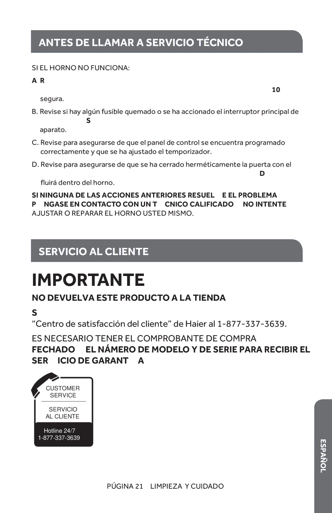 Haier HMC1685SESS user manual Antes DE Llamar a Servicio Técnico, Servicio AL Cliente 