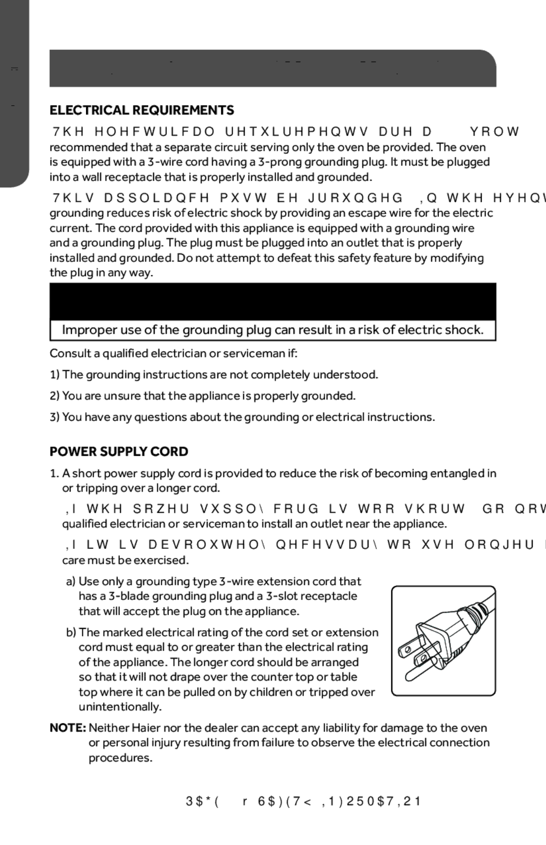 Haier HMC1685SESS user manual Electrical Requirements, Power Supply Cord 