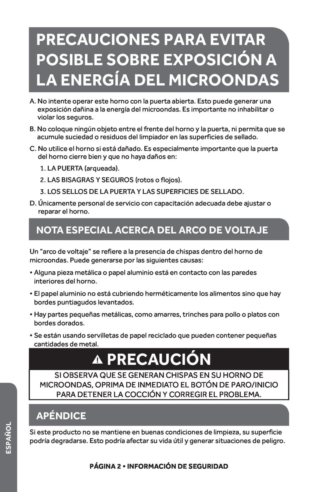 Haier HMC1685SESS user manual Precaución, Nota Especial Acerca Del Arco De Voltaje, Apéndice, Español 
