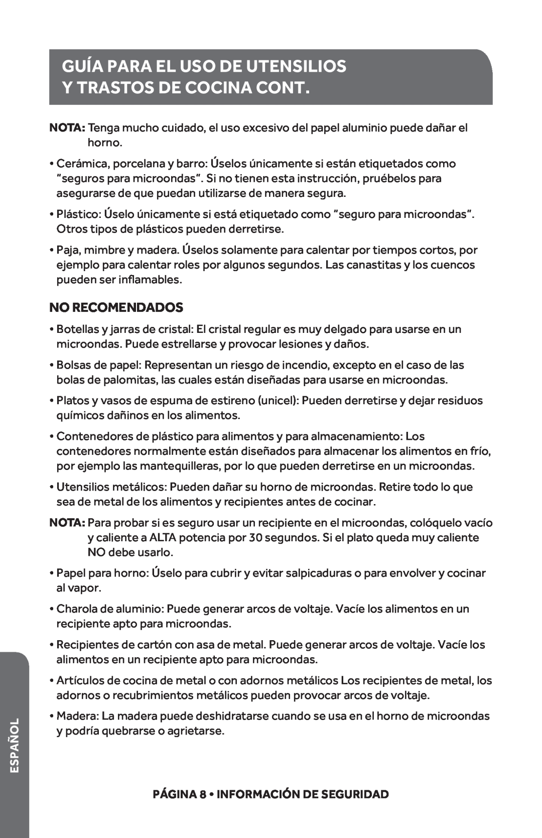 Haier HMC1685SESS user manual Y TRASTOS DE COCINA Cont, Guía Para El Uso De Utensilios, No Recomendados, Español 