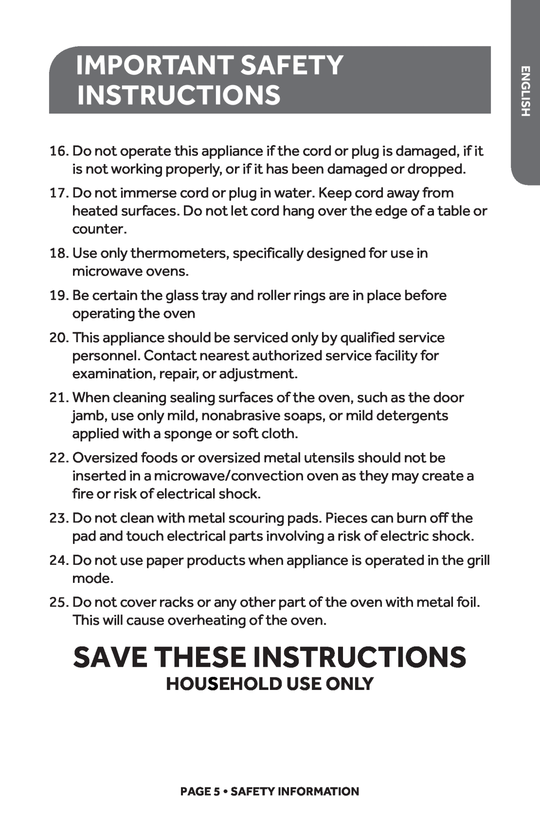Haier HMC1685SESS user manual Save These Instructions, Household Use Only, important safety instructions 