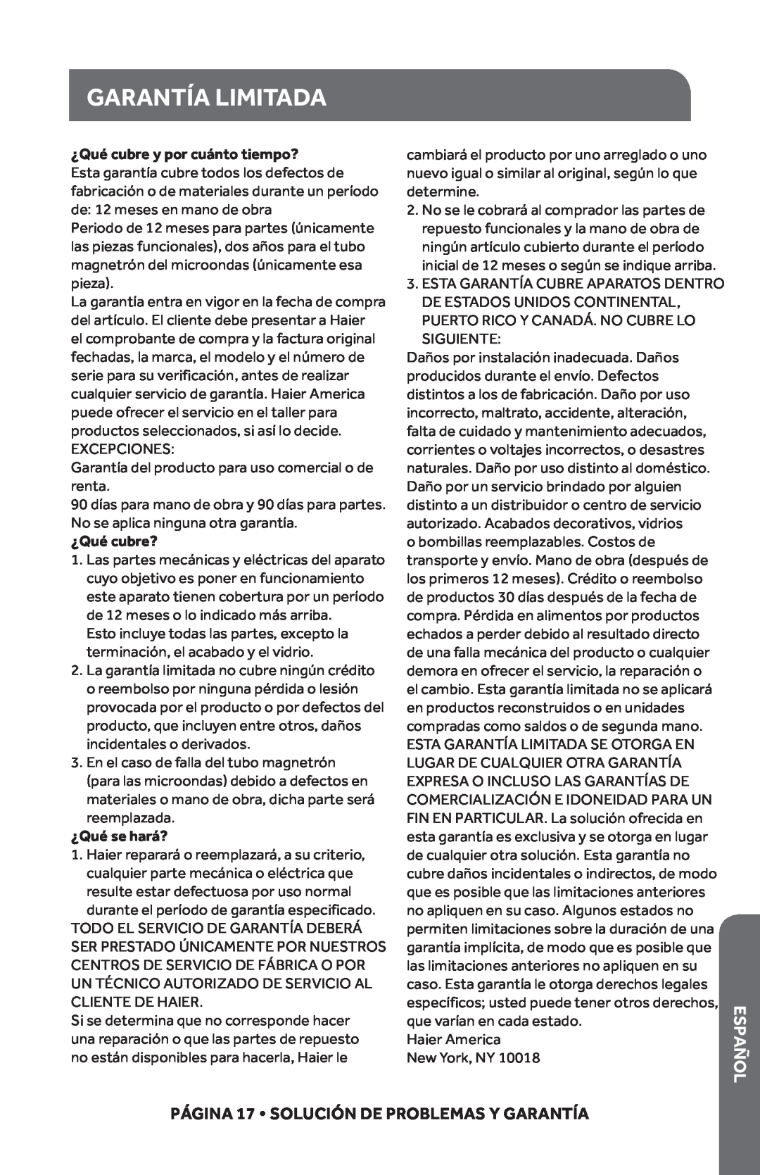 Haier HMC610BEBB, HMC610BEWW user manual Garantía Limitada, Español, PÁGINA 17 SOLUCIÓN DE PROBLEMAS Y GARANTÍA 