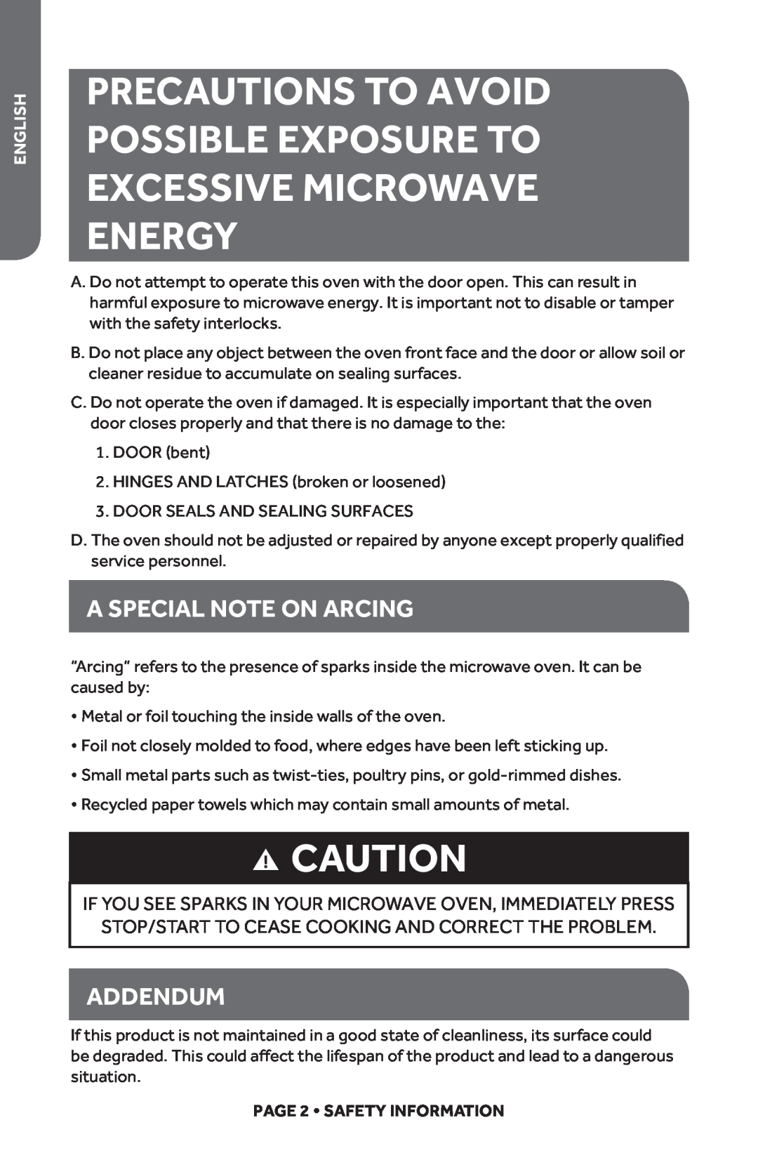 Haier HMC610BEWW Precautions To Avoid Possible Exposure To Excessive Microwave Energy, A Special Note On Arcing, Addendum 