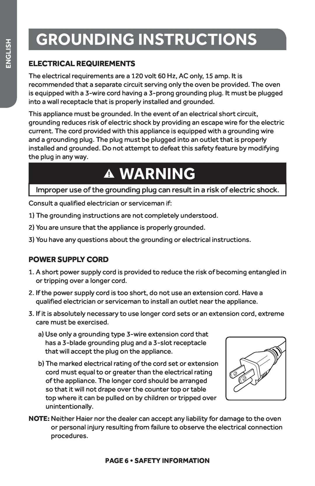 Haier HMC610BEWW Grounding Instructions, Electrical Requirements, Power Supply Cord, English, PAGE 6 SAFETY INFORMATION 
