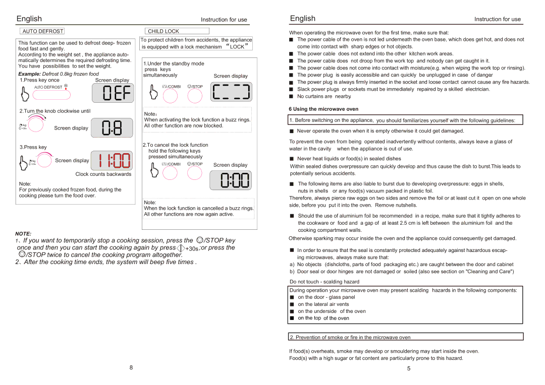 Haier HMW24AEDSS, AED-2485EG manual Auto Defrost, Example Defrost 0.8kg frozen food, Child Lock, Using the microwave oven 