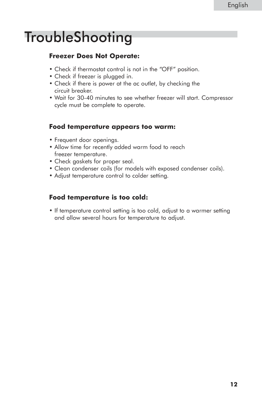 Haier HNCM035E TroubleShooting, Freezer Does Not Operate, Food temperature appears too warm, Food temperature is too cold 