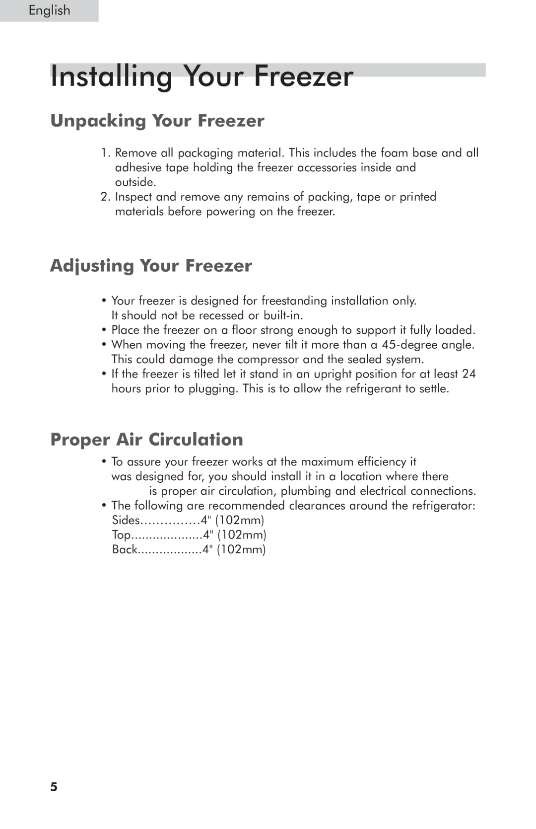 Haier HNCM070E, HNCM035E Installing Your Freezer, Unpacking Your Freezer, Adjusting Your Freezer, Proper Air Circulation 