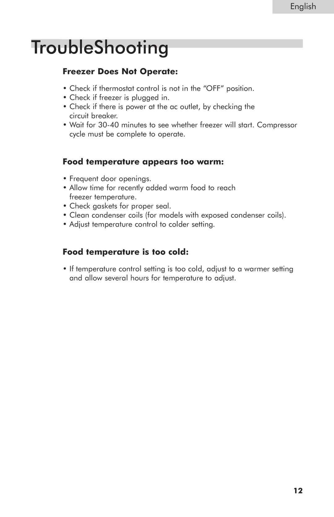 Haier HNCM035E TroubleShooting, Freezer Does Not Operate, Food temperature appears too warm, Food temperature is too cold 