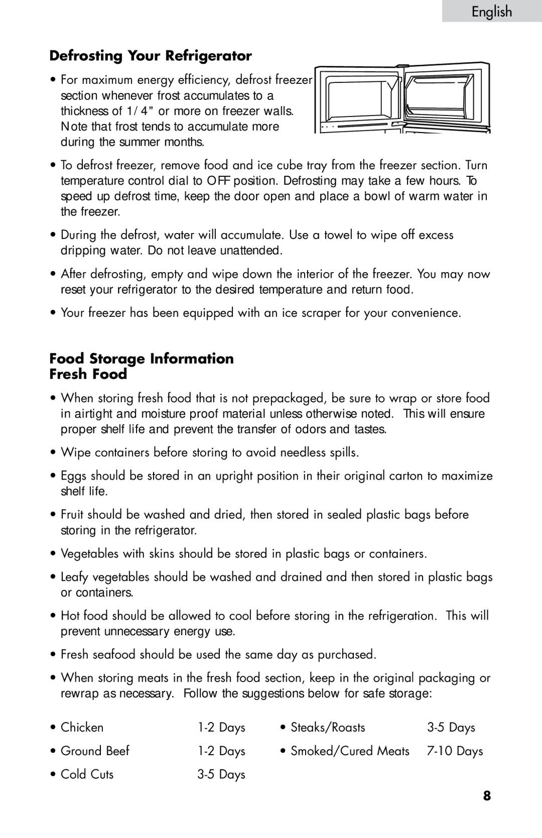 Haier HNDE03VS manual Defrosting Your Refrigerator, Food Storage Information Fresh Food 