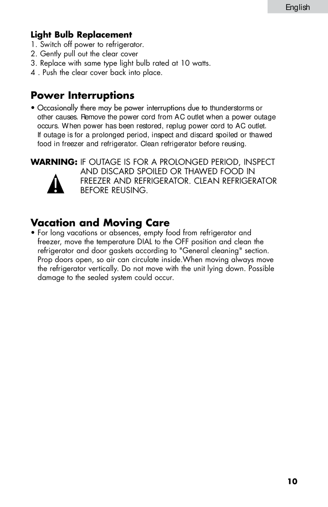 Haier HNDE03VS manual Power Interruptions, Vacation and Moving Care, Light Bulb Replacement 