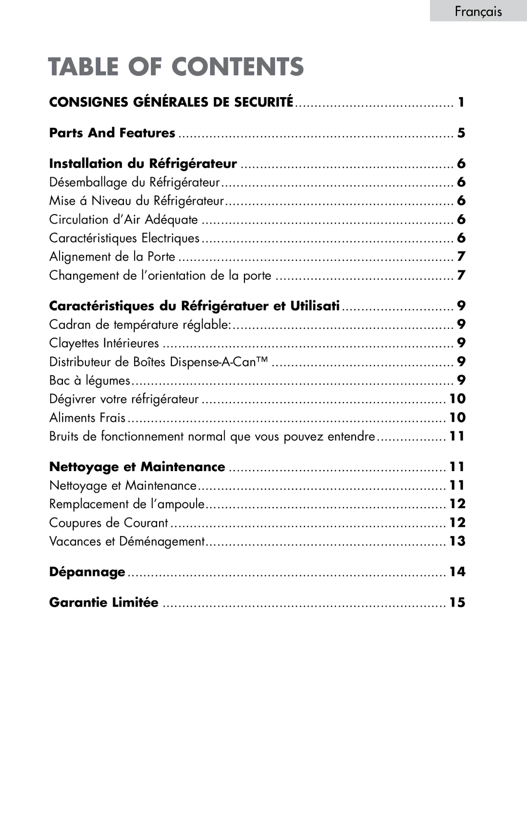 Haier HNDE03VS manual Français, Caractéristiques du Réfrigératuer et Utilisati, Nettoyage et Maintenance 