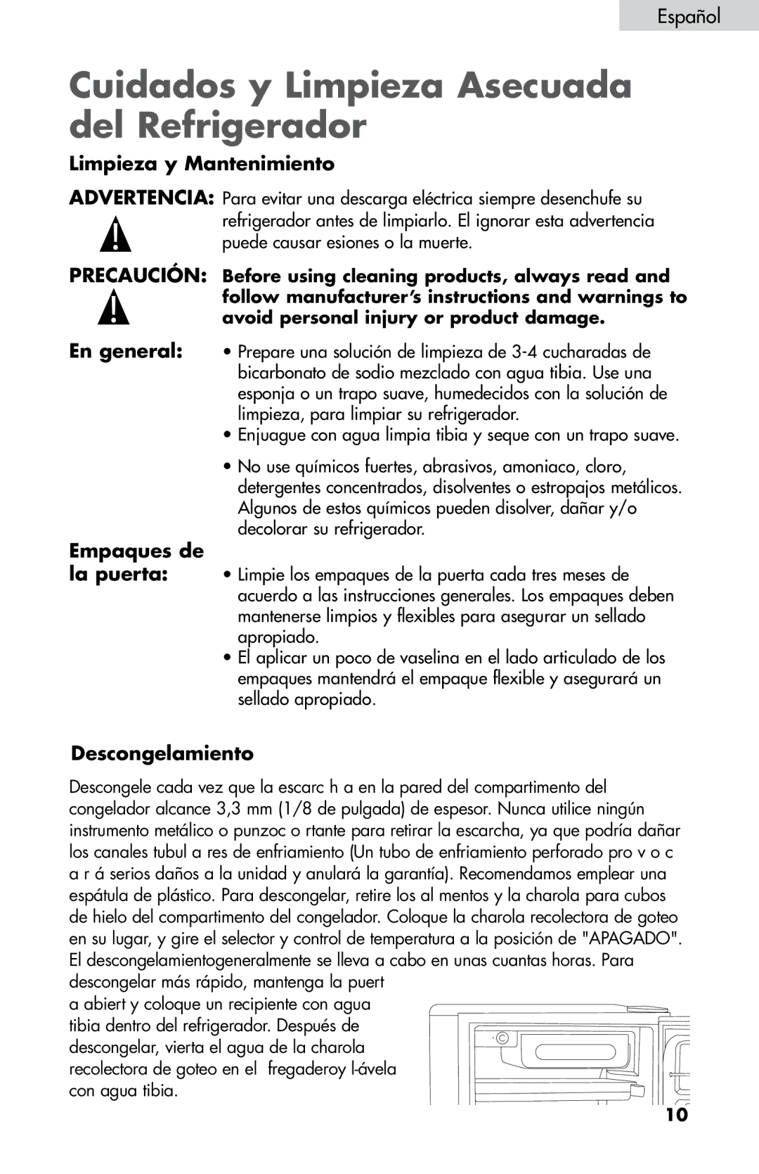 Haier HNDE03VS Cuidados y Limpieza Asecuada del Refrigerador, Limpieza y Mantenimiento, Empaques de, Descongelamiento 