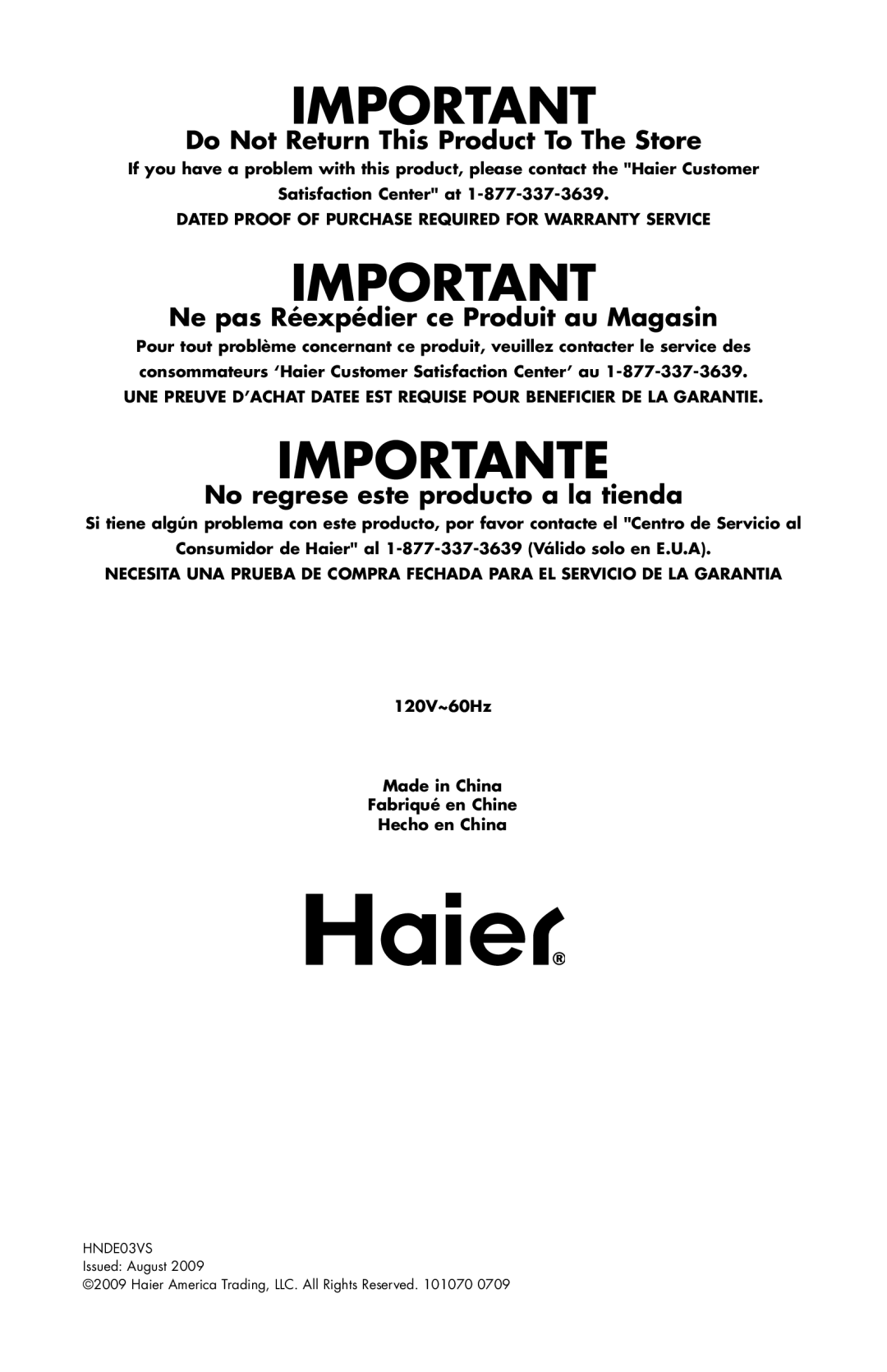 Haier HNDE03VS manual Importante 