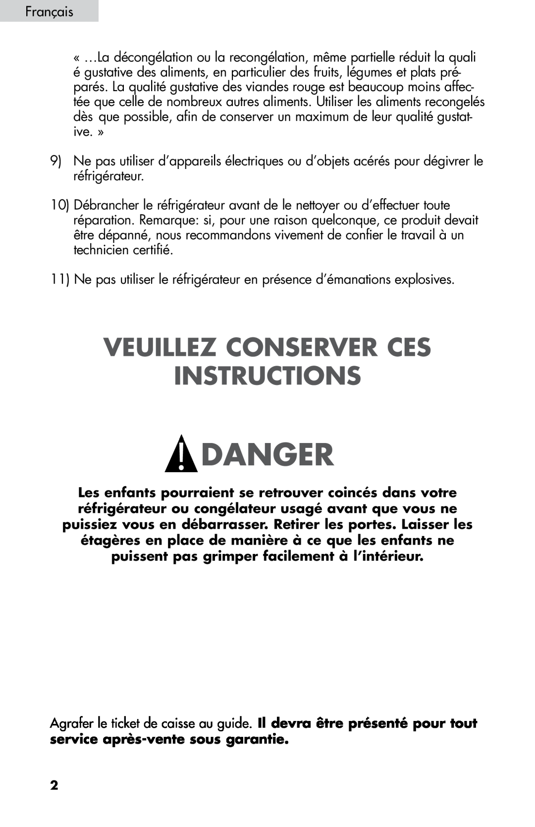 Haier HNDE03VS manual Veuillez Conserver Ces Instructions, Danger 