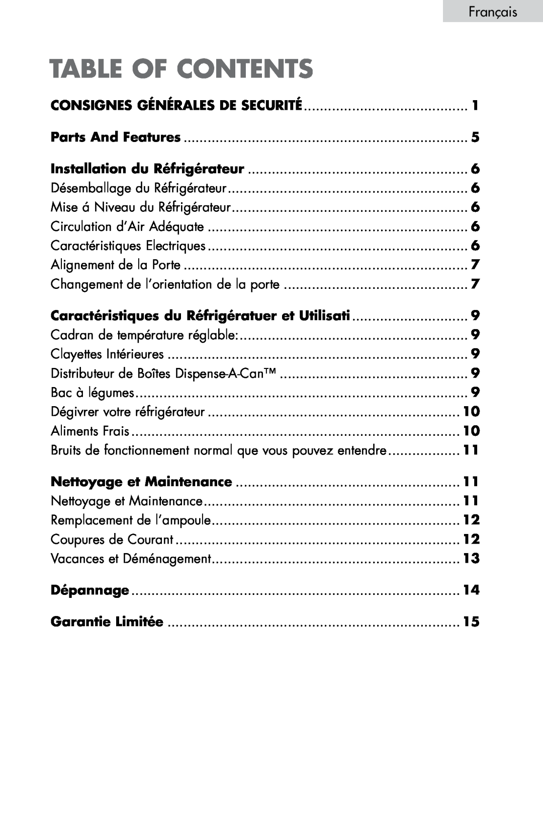 Haier HNDE03VS manual Français, Caractéristiques du Réfrigératuer et Utilisati, Nettoyage et Maintenance, table of contents 