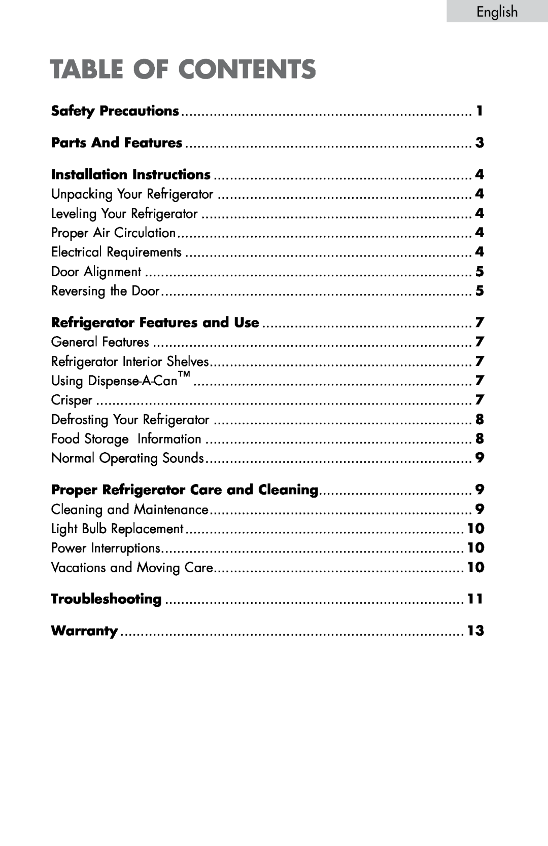 Haier HNDE03VS manual table of contents, English, Proper Refrigerator Care and Cleaning 