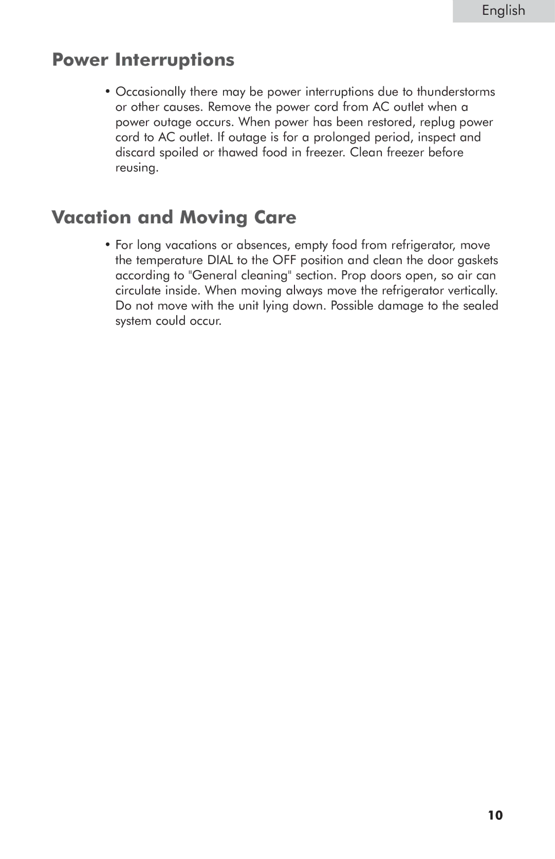 Haier HNSB02 user manual Power Interruptions, Vacation and Moving Care 