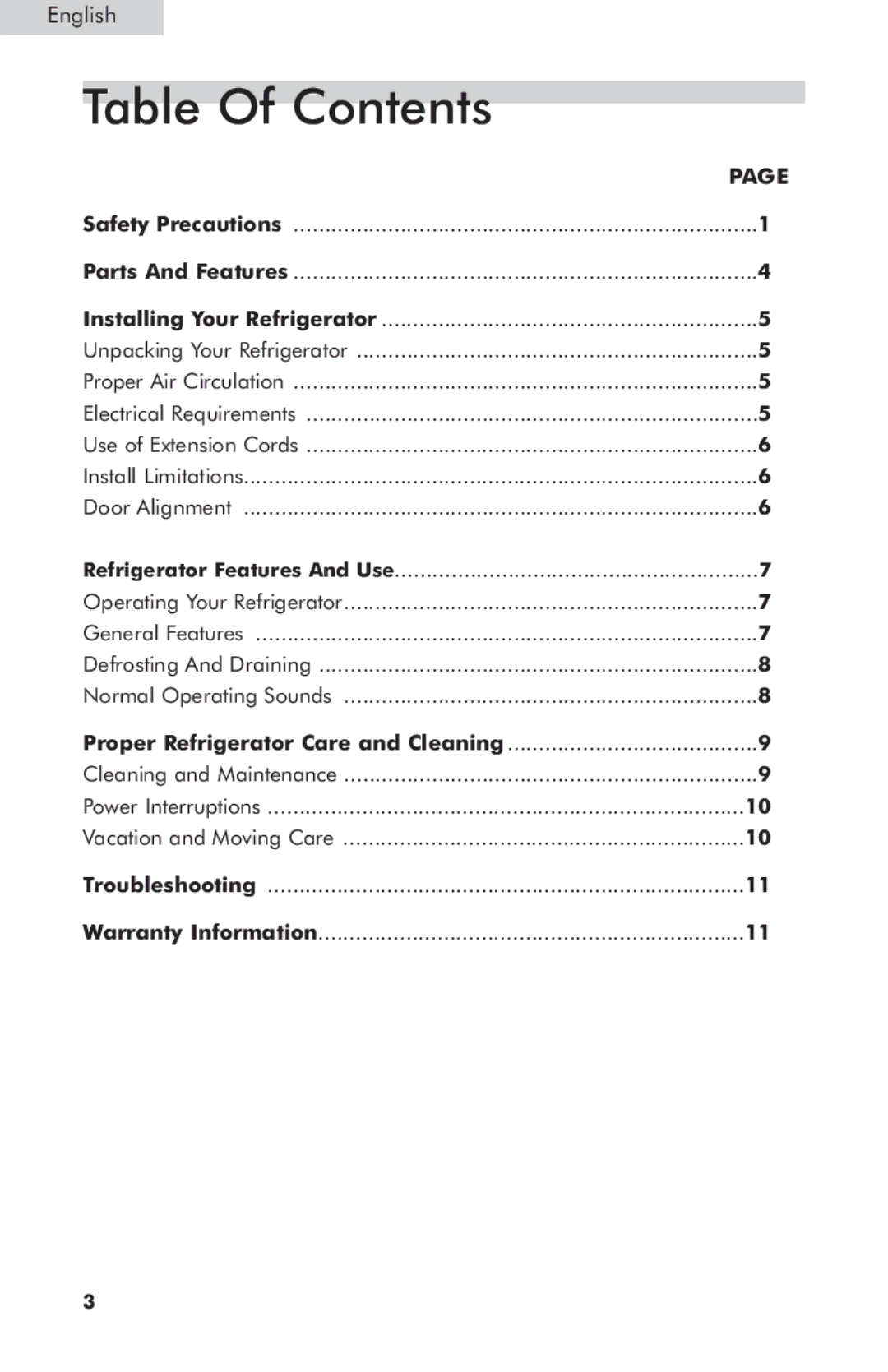 Haier HNSB02 user manual Table Of Contents 