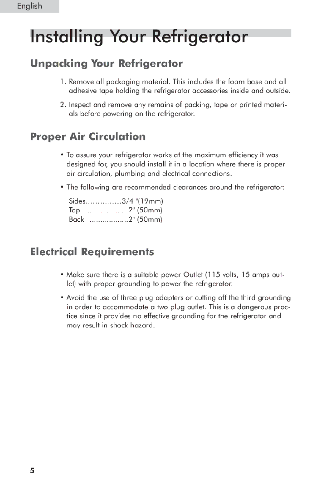 Haier HNSB02 Installing Your Refrigerator, Unpacking Your Refrigerator, Proper Air Circulation, Electrical Requirements 