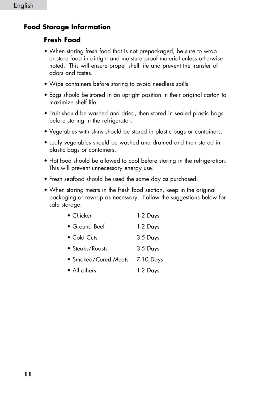 Haier HNSE025, ESRN025 user manual Food Storage Information Fresh Food 