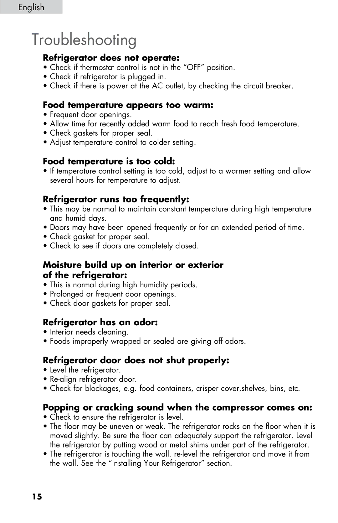 Haier HNSE025, ESRN025 user manual Troubleshooting 