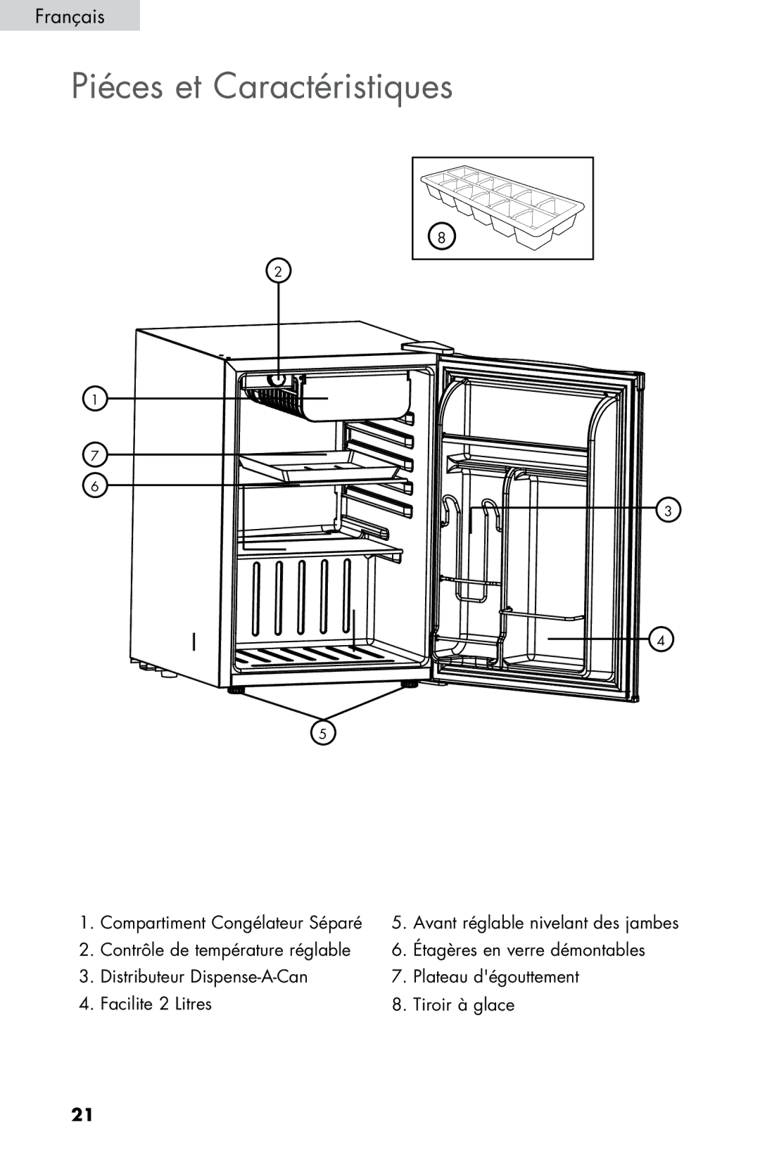 Haier HNSE025, ESRN025 user manual Piéces et Caractéristiques 