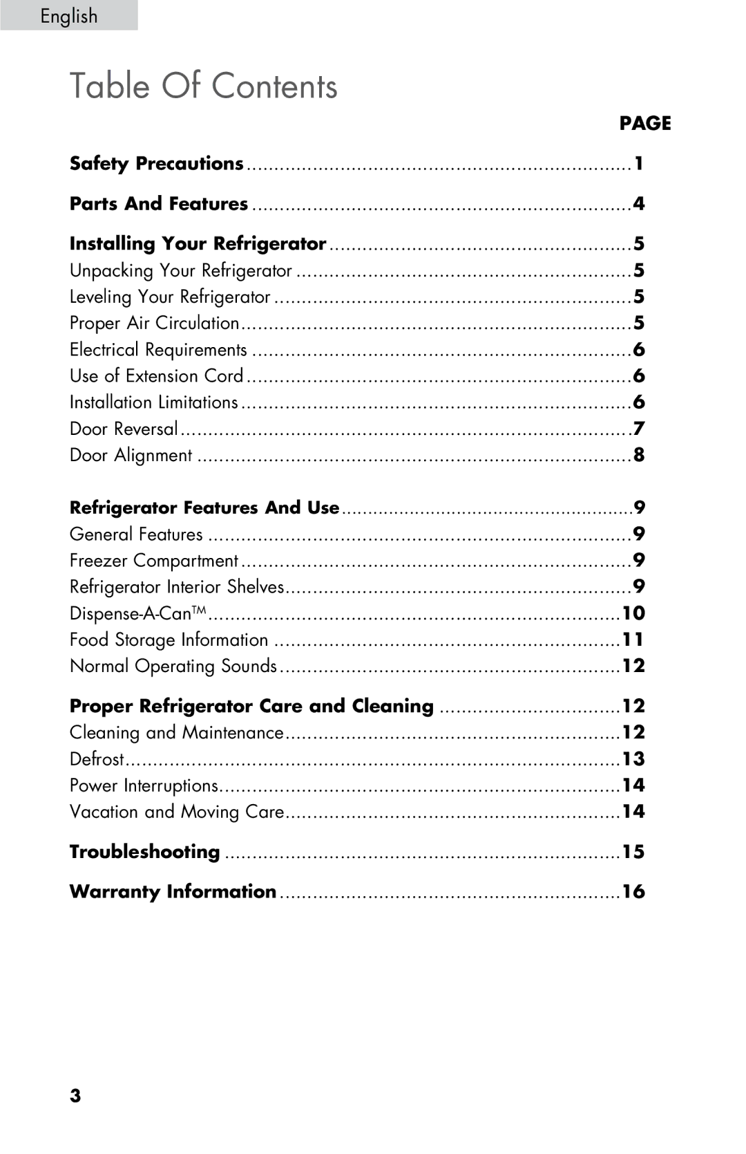 Haier HNSE025, ESRN025 user manual Table Of Contents 