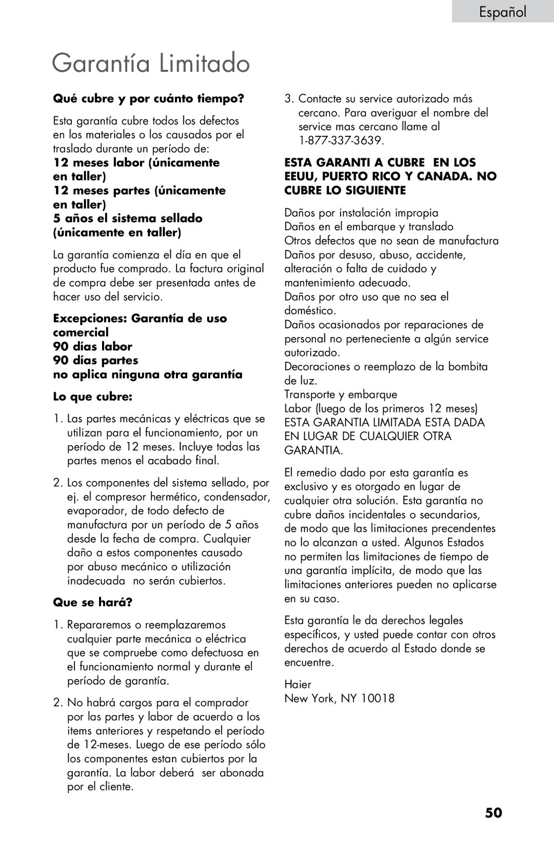 Haier ESRN025, HNSE025 user manual Garantía Limitado, Qué cubre y por cuánto tiempo? 