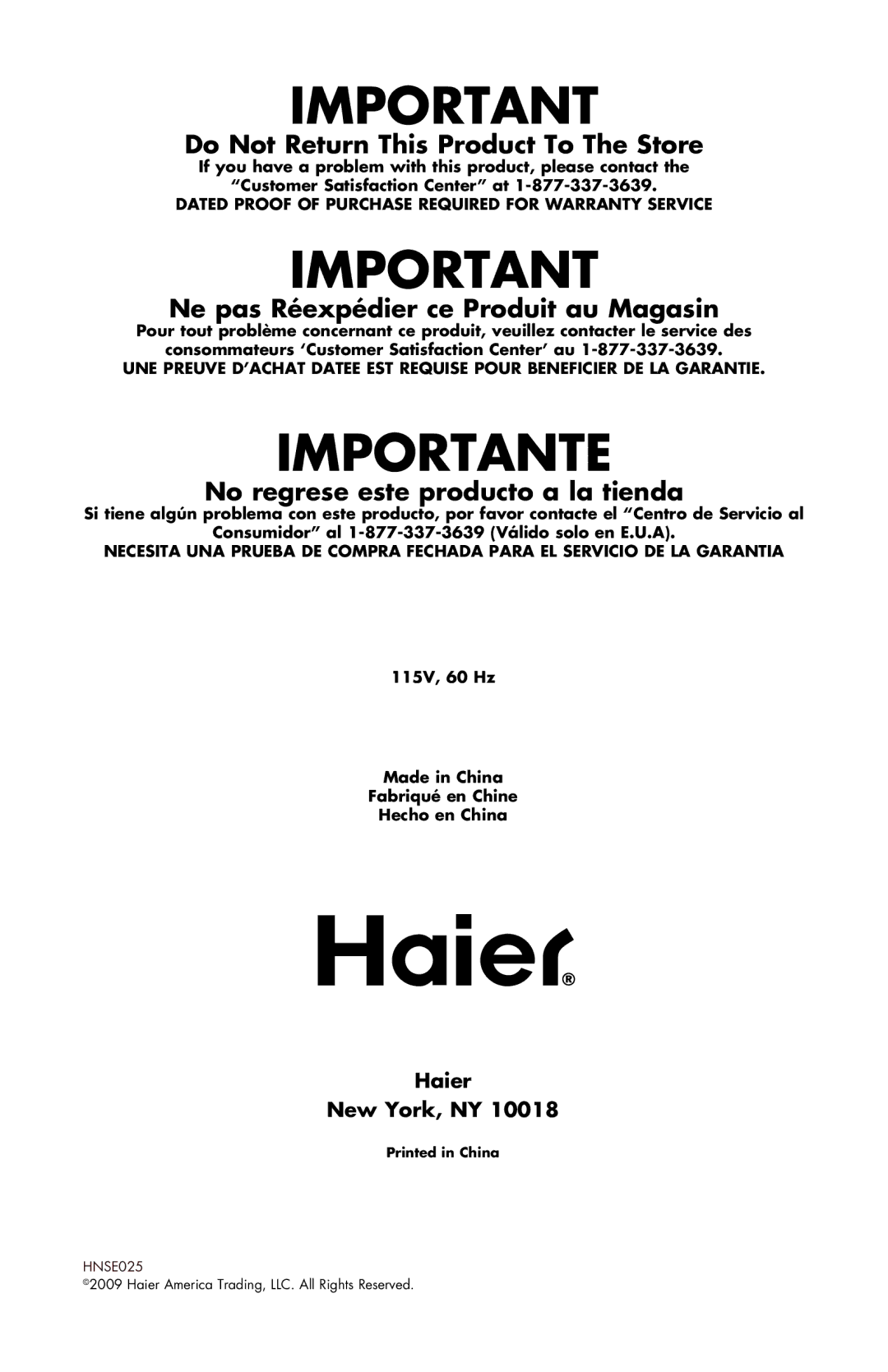 Haier HNSE025, ESRN025 user manual Importante 