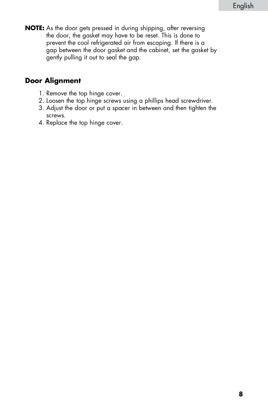 Haier ESRN025, HNSE025 user manual Door Alignment 