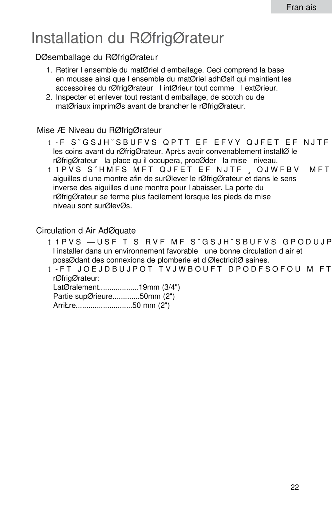 Haier HNSE04 user manual Installation du Réfrigérateur, Désemballage du Réfrigérateur, Mise á Niveau du Réfrigérateur 