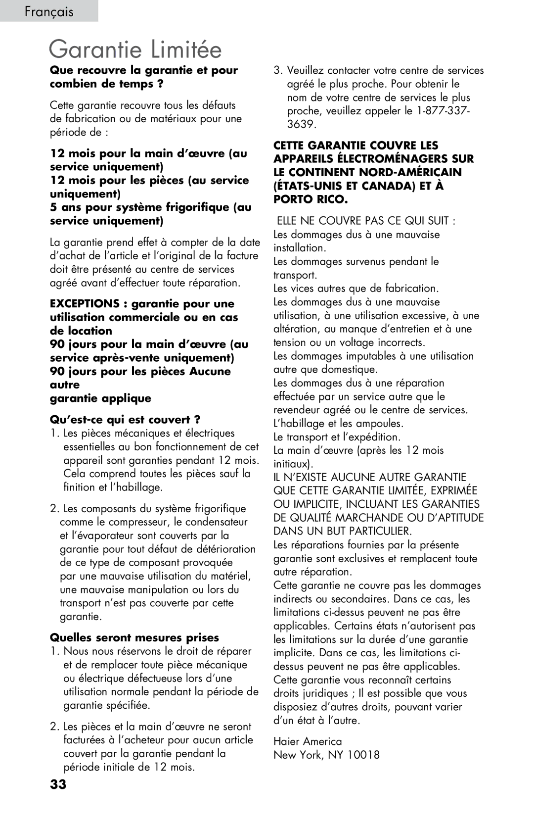 Haier HNSE04 user manual Garantie Limitée, Que recouvre la garantie et pour combien de temps ? 