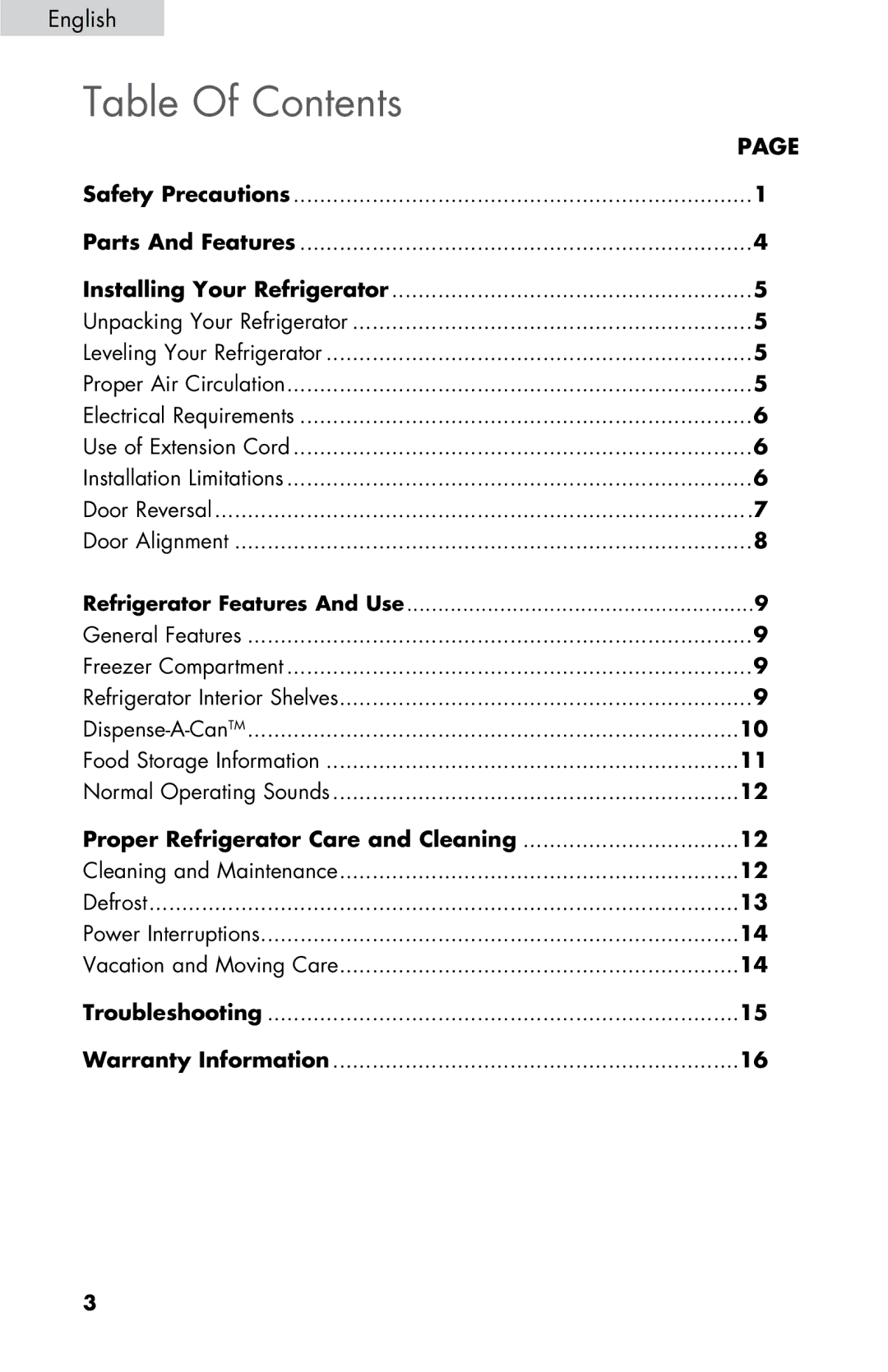 Haier HNSE04 user manual Table Of Contents 