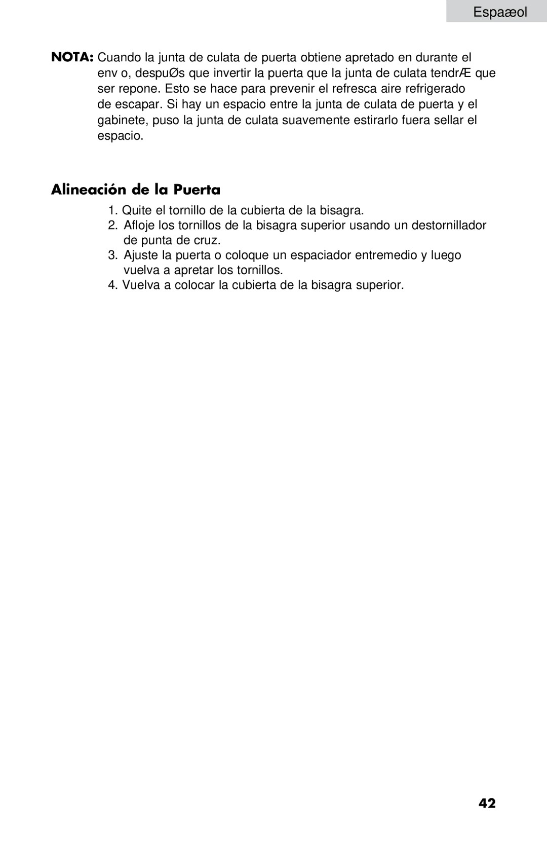 Haier HNSE04 user manual Alineación de la Puerta 