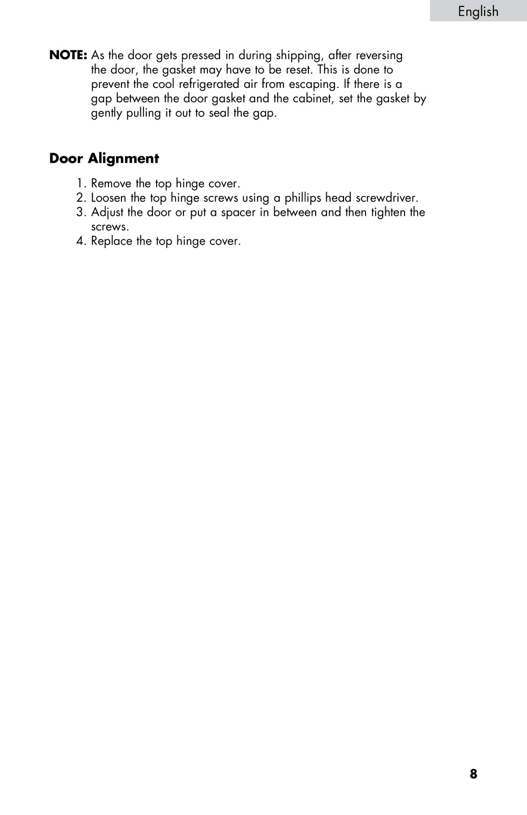 Haier HNSE04 user manual Door Alignment 