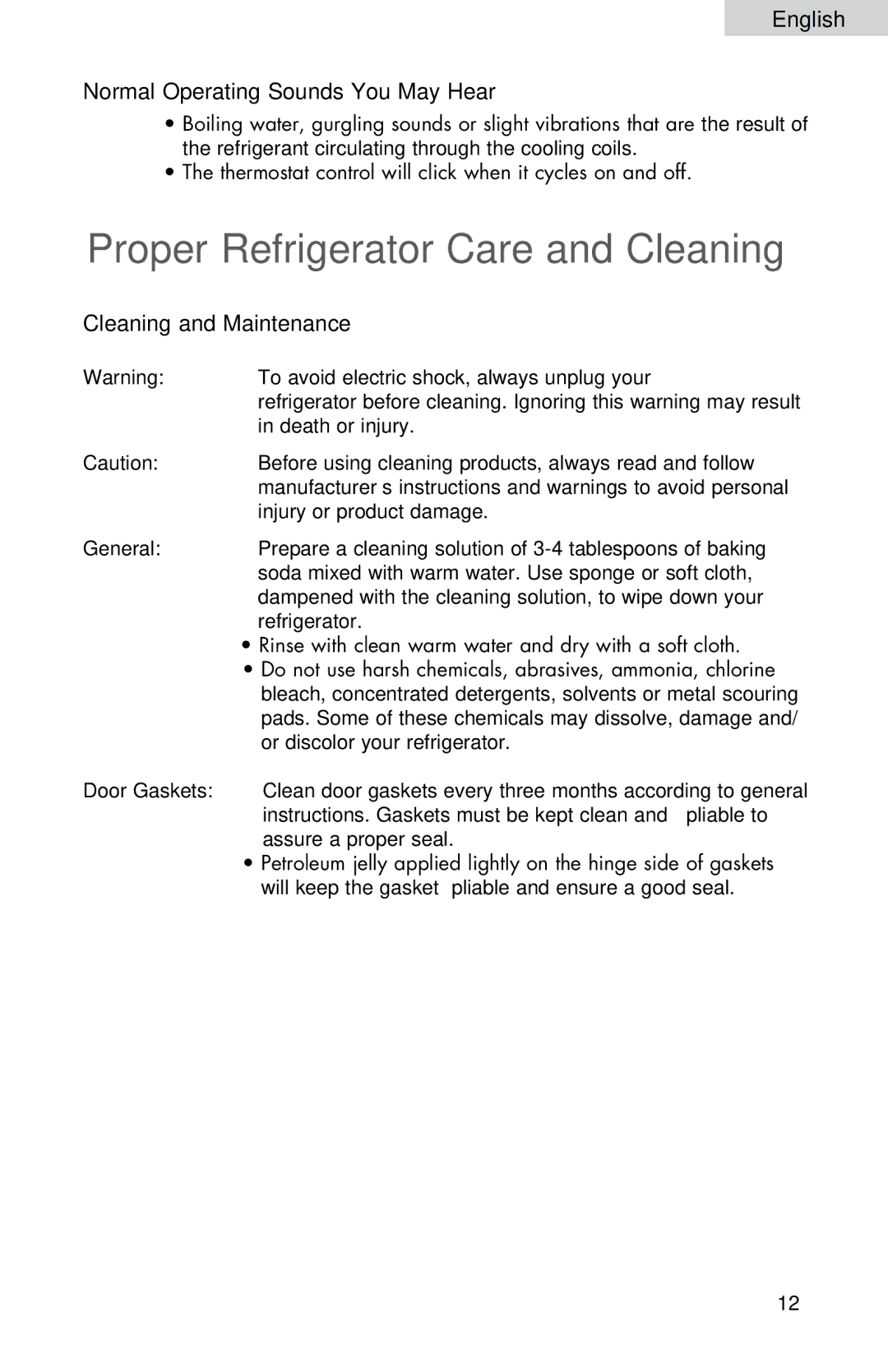 Haier HNSE045 Proper Refrigerator Care and Cleaning, Normal Operating Sounds You May Hear, Cleaning and Maintenance 